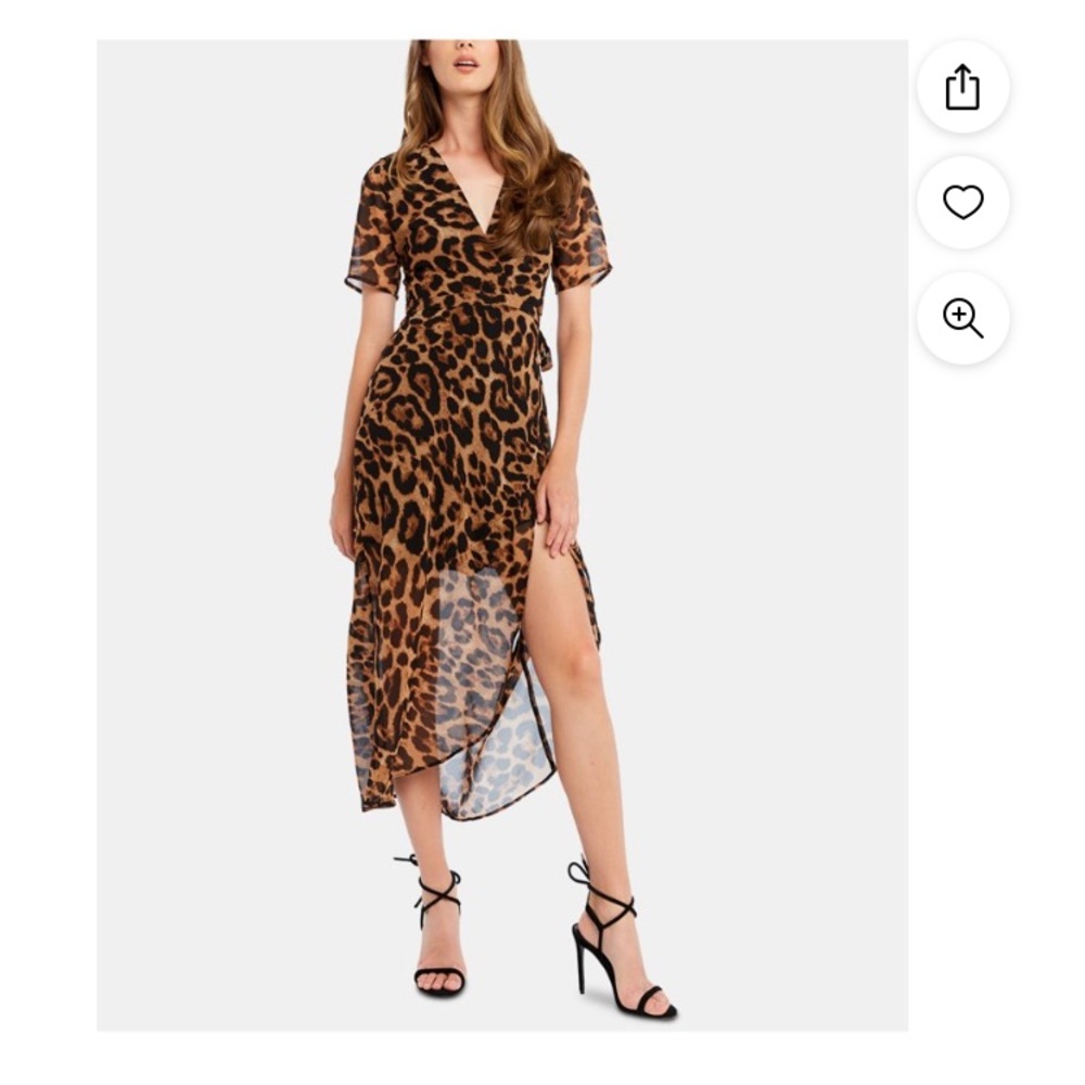 BARDOT Womens Brown Animal Print Short Sleeve V Neck Midi Party Wrap Dress